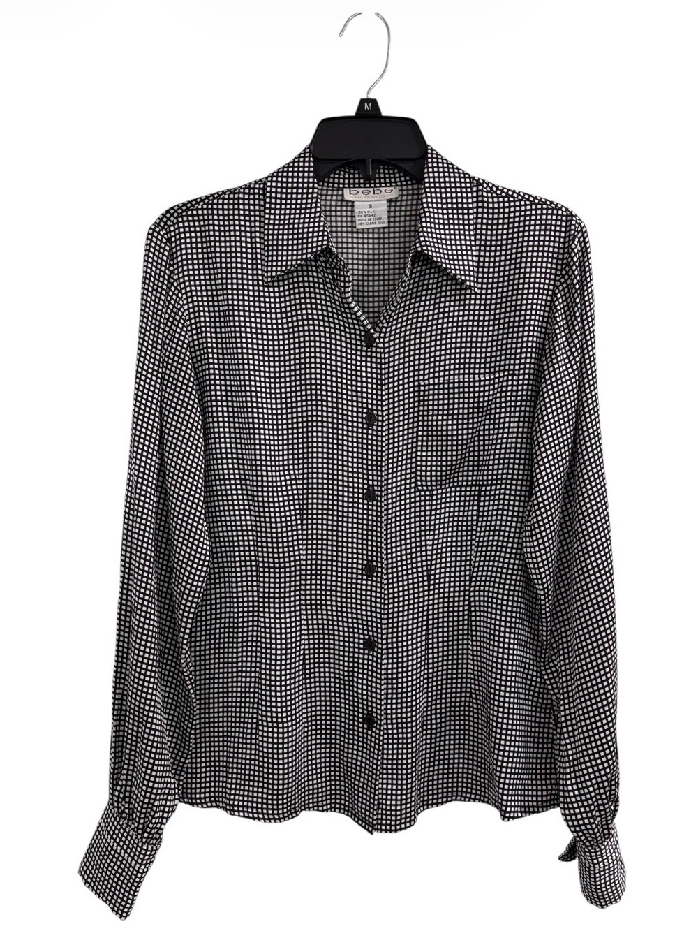 Bebe San Francisco 100% Silk Black & White Grid Pattern Blouse Womens Size Small